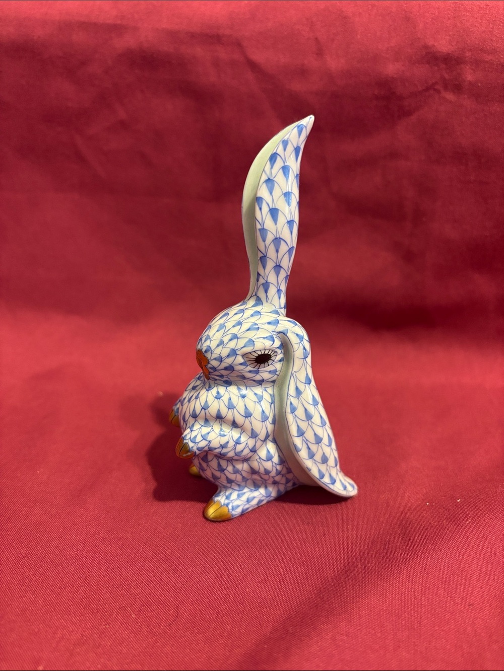Herend Blue and White Fishnet Pattern Funny Bunny with Gold Accents